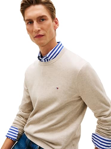Tommy Hilfiger Herren Pullover Essential Cotton mit Rundhalsausschnitt, Beige (Sandalwood Heather), M