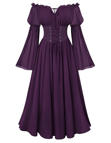 Scarlet Darkness Renaissance Costume Women Off Shoulder Corset Dress Long Sleeve Fairy Maxi Dresses Deep Purple M