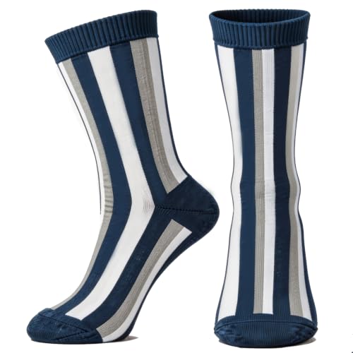 ORPPKIVE Navy Gray White Vertical Stripe Crew Socks, Casual Novelty Socks