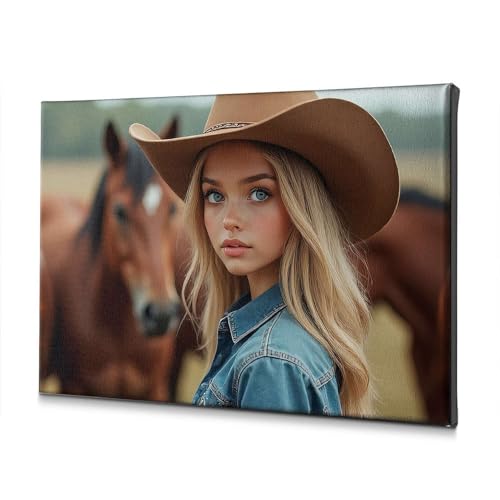 Toile de Pâques haut de gamme femme au chapeau de cowboy chevaux 40x60