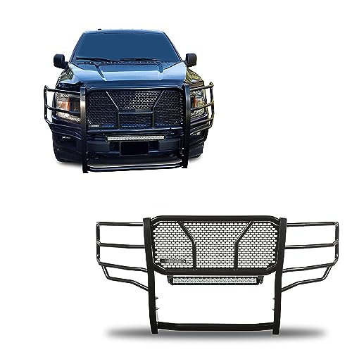 Image of Black Horse RUGGED Heavy Duty Grille Brush Bumper Guard Modular Black Come with 20 inch Double Row LED Light Compatible with 2015-2020 Ford F-150-RU-FOF115-B-KIT