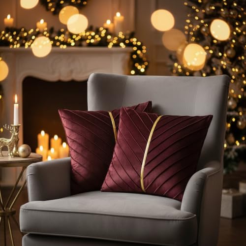 Image of Velvet Throw Pillow Covers 16x16 inch Pack of 2 Gold Decor Burgundy