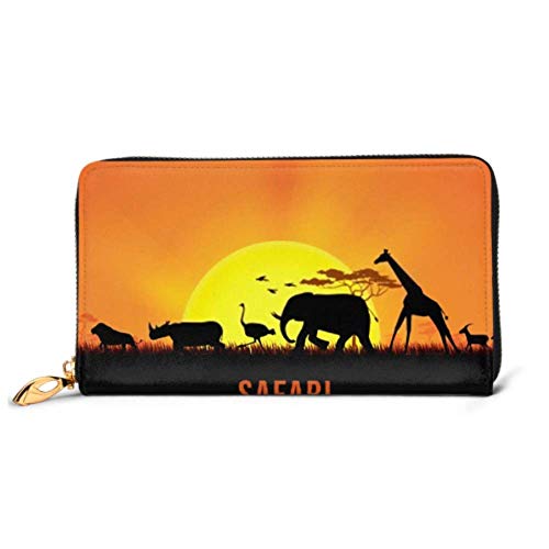 Preisvergleich Produktbild JHGFG Mode Handtasche Reißverschluss Brieftasche Vektor-Illustration Afrika Landschaft Wildlife Sunset Telefon Kupplung Geldbörse Abendkupplung Blocking Leder Brieftasche Multi