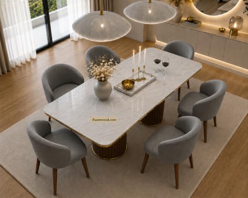 Image of 6 Seater Dining Table and Chair with Nano Composite Marble Top and Golden Strip Set | 72 x 36 x 30 Inch Solid Wood Base with Swed Fabric Finish Dining Furniture for Living Room Home (Grey)