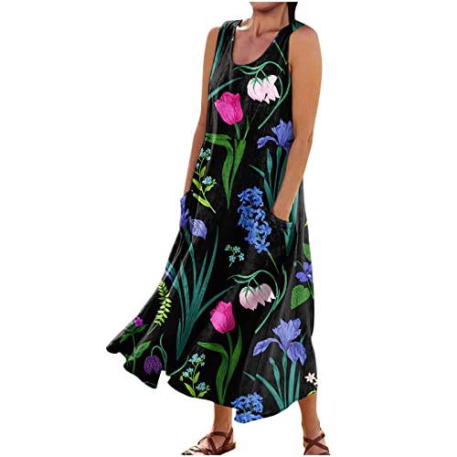 Plus Size Cotton Linen Summer Dresses for Curvy Women 2025 Sleeveless Maxi Vacation Beach Sundresses with Pockets