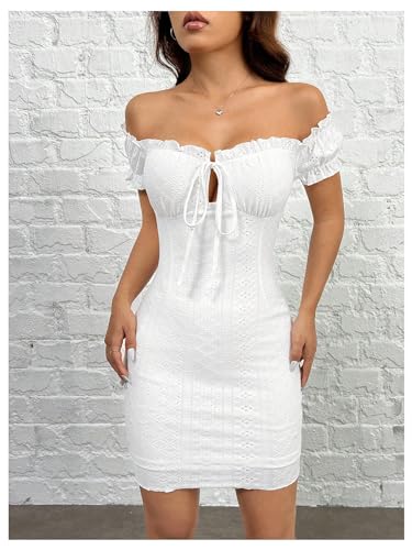 Image of Floerns Women's Cut Out Off Shoulder Short Puff Sleeve Eyelet Bodycon Mini Dresses