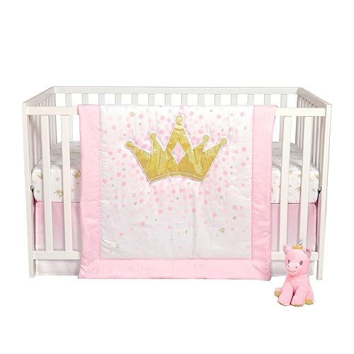 Image of Sammy & Lou Tiara Princess 4-Piece Baby Nursery Crib Bedding Set for Girls, Includes Quilt, Fitted Crib Sheet, Crib Skirt, and Plush Toy