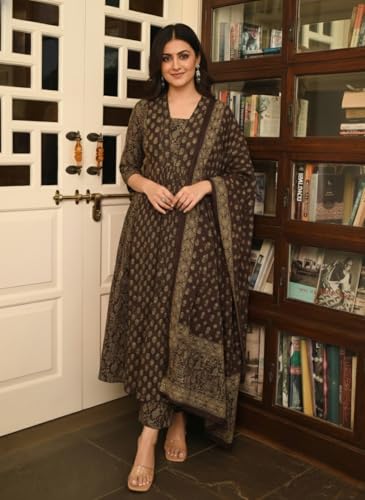 Image of ANNI Designer Women's Viscose Printed A-Line Kurta Set with Pant and Dupatta | Ethnic Wear Dress | V-Neck | 3 /4 Sleeve Indian Traditional Outfit for Women