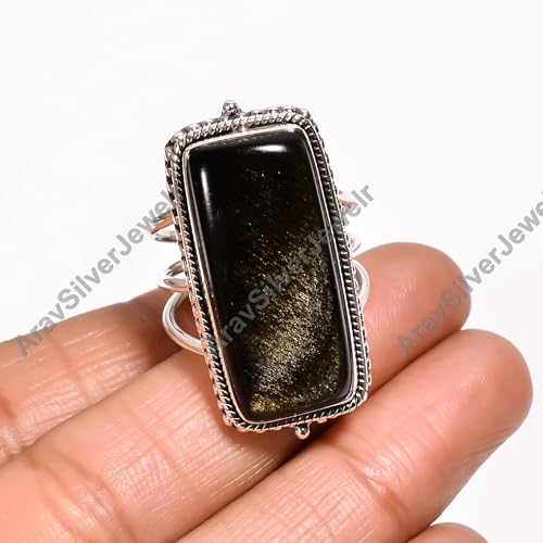 Bague obsidienne dorée pierre précieuse brune argent Sterling 925