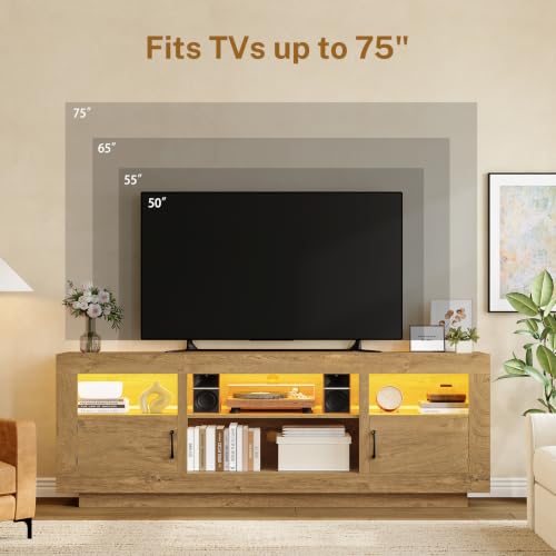Image of TEENFON TV Stand for 75 inch TV, Entertainment Center with LED Lights & Adjustble Shelves, 27.6 inchH TV Console, Media Console with Open Storage & Side Cabinets, TV Stands for Living Room, Natural Brown