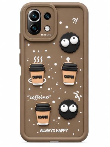 Image of Bintage Back Cover Compatible for Mi 11 Lite 4G / 11 Lite 5G NE | Cute Fun Ball | 3D Taddy Smiley Coffee | Milk Case | Full Body Protection - Brown