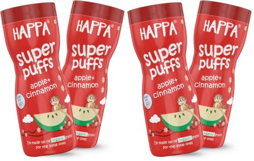 Image of Happa Organic Baby Puffs | Apple Cinnamon Flavour | Made with Organic Ingredients | Melt-in-the-Mouth, Supports Self-Feeding & Baby-Led Weaning | No Artificial Flavours or Colours | Stage 2 (8 Months+) | Pack of 4 (40g Each)
