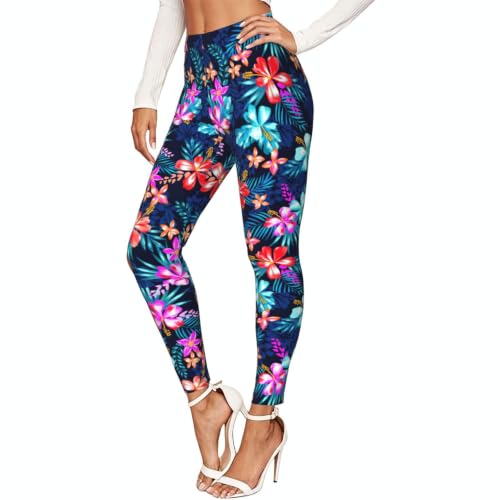 Leggings elásticos para mujer con estampado floral azul largos de yoga