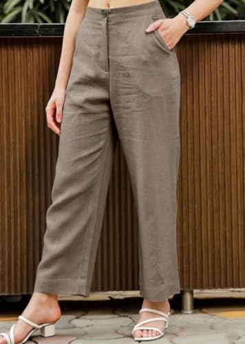 Image of Vogaan Women Cotton Linen Blend Straight Fit Trousers | High Waist Casual Office Pants | Solid Ankle Length Bottom Wear