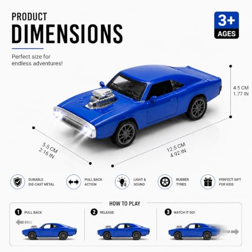 Image of 1970 Dodge Charger Die-Cast Toy Car for Kids - 1:36 Scale Pull Back Metal Model Car with Openable Doors, LED Lights & Music | Vintage Muscle Car Collectible Toy (Blue)