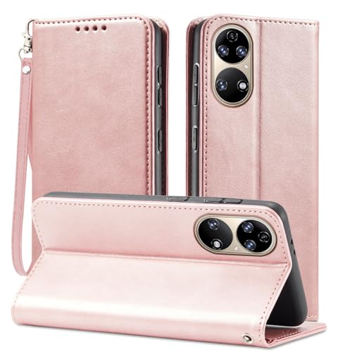 Rfvzubemok Compatible with Huawei P50 Pro 4G Cover,Magnetic Closure Flip Stand Card Slot Wallet Case Pink