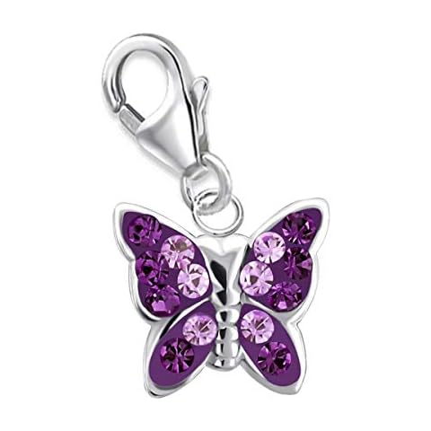 GH* Kids Small Purple Amethyst Crystal Butterfly Charm Pendant 925 Real Silver Girls Children Ladies Baby Gift Idea, Enamel, Crystal Cover