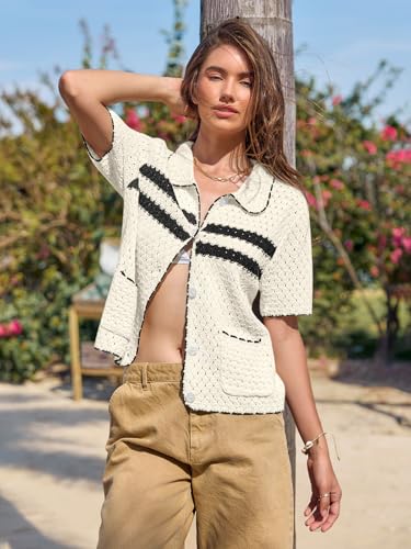Image of Yousify Womens Casual Summer Short Sleeve Sweaters Button Down Crochet Knit Tops 2026 Loose Cute Cardigan Sweater