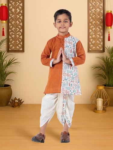 Image of Kids Ethnic Wear - Stylish Half Printed & Vibrant Color Pure Cotton Kurta with Elastic Waist Dhoti Set for Boys