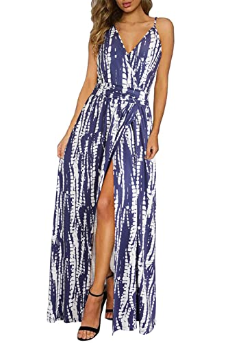 Image of Newshows Women's Summer 2026 Dress Fashion V Neck Spaghetti Strap Sleeveless Boho Oufits Cruise Casual Split Long Beach Maxi Dress Trendy(Stripe Floral White,S)