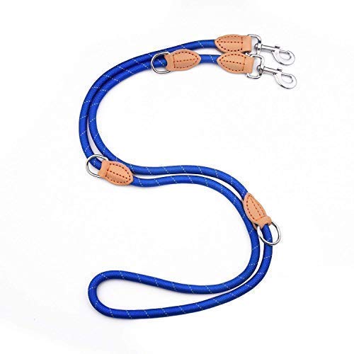 Premium Dog Lead - High Quality Double Lead, 2 Meter Long & 3-Way Adjustable, for Small and Large Dogs - Blue Lead / Jogging Lead / Tight Braided Leather Lead / Training Lead - Especially Light and Robust by PetCay