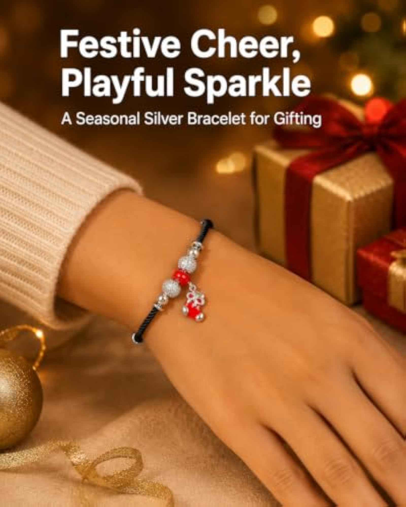 925 Sterling Silver Red Stocking Charm Bracelet with CZ Beads