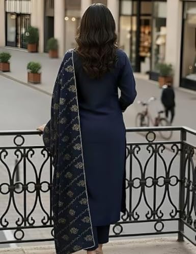 Image of Women's Blue Color Polyester Kurta Set with Pant & Dupatta | 3-Piece Suit