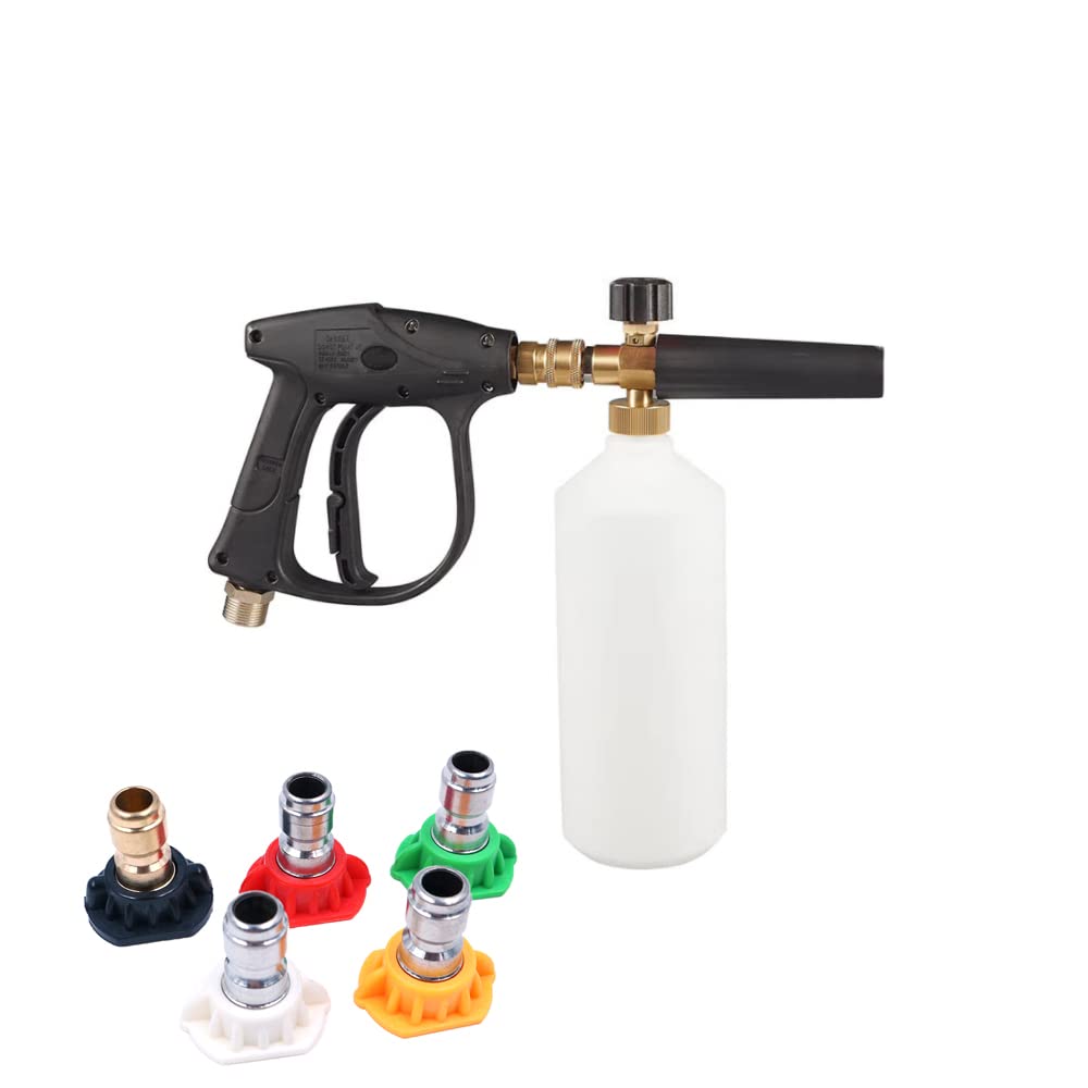 Foam Cannon 3/8 Zoll Schnellverbinder Pistole Kit 1L Schneeschaumlanze Schaum Blaster Hochdruck-Autowaschpistole Einstellbare Jet Wash Schnellspanner, 3000 PSI, mit 5 Düsenspitzen
