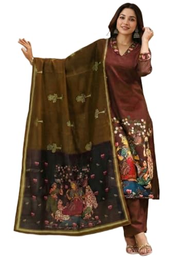 Image of ANNI Designer Women Viscose Blend Printed Straight Kurta with Pant and Dupatta | Ladies Kurta Pant Dupatta Set | Women Ethnic Wear Dress | Indian Traditional Clothing for Girl