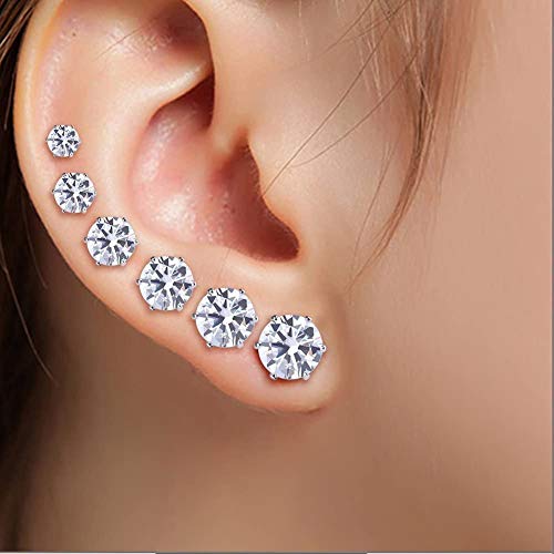 12 Pair Stainless Steel Mens Womens Stud Earrings Set Black and Clear Round Cubic Zirconia Inlaid Pierced Hypoallergenic 3-8mm(24PCS,6 Pairs Black,6 Pairs Clear)4