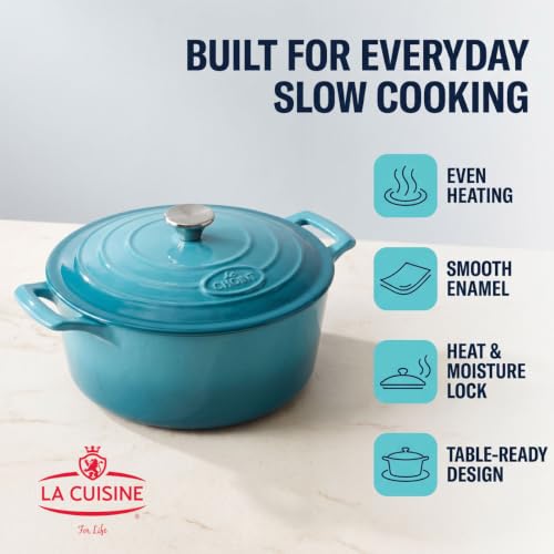 Image of La Cuisine Enameled Cast Iron Dutch Oven Casserole Pot with Lid, Internal Matte Black Enamel Coating for bread baking 5 QT 10.5 inch / 26cm O, For GalssTop Stove, Oven-Safe, Teal