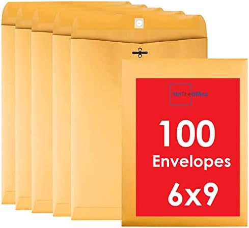1InTheOffice Brown Envelopes 6x9, Manilla Envelopes with Clasp, Gummed Flaps, 100/Box