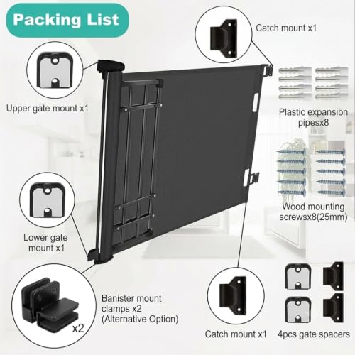 Image of Safe-O-Kid Retractable Baby Safety Gate, 80cm High x 150 cm Wide, Auto-Lock Mesh Safety Gate for Babies & Pets, Child Safety Barrier for Stairs, Doorways, Hallways, Kitchen, Indoor & Outdoor, Black
