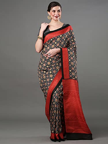 Image of AKHILAM Women's Ajrak Block Print Soft Dola Silk Saree With Unstitched Blouse Piece