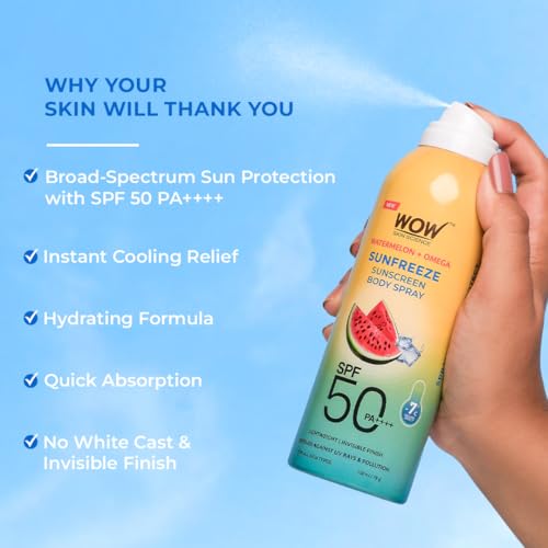 Image of WOW Skin Science Watermelon + Omega Arctic Sunfreeze Sunscreen Spray | SPF 50 PA++++ | -7C Cooling Effect | UV Rays + Pollution Defense | Lightweight, Non-Greasy & Invisible Finish | 100ml