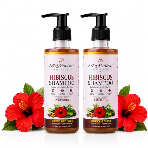 Image of Hibiscus Ayurvedic Shampoo for Smooth & Frizz-Free Hair | Advanced Conditioning & Hair Repair Formula with Hibiscus, Brahmi, Jatamansi & Aloe Vera | 12 Herbs Herbal Shampoo | Sulphate & Paraben Free | Helps Control Dandruff | For Men & Women | 200ml (Pack of 2)