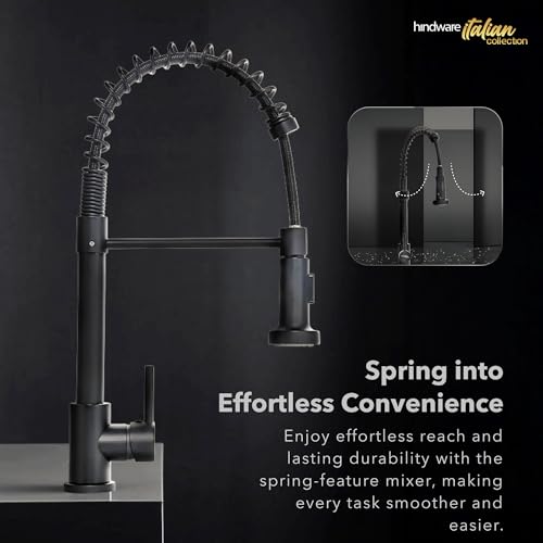 Image of Hindware Italian Collection 2-Function Pull Out Kitchen Sink Mixer for Kitchen with Spring Feature | Made of 304-grade Stainless Steel | Elegant Matte Black Finish | 5-Year Manufacturer Warranty