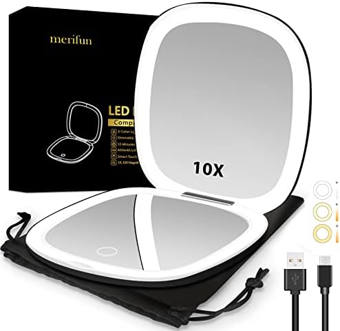 Lighted Compact Mirror, 2-Sided 1X/10X Lighted Magnifying Mirror Rechargeable- 56 LEDs, 3 Colors & Brightness Adjustable, 4" Portable Mirror (Black)