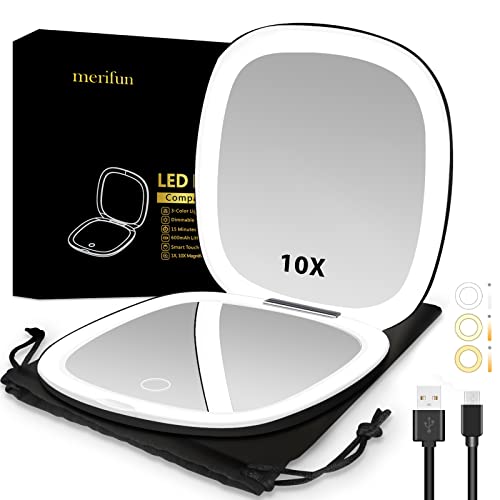 Lighted Compact Mirror, 2-Sided 1X/10X Lighted Magnifying Mirror Rechargeable- 56 Leds, 3 Colors & Brightness Adjustable, 4" Portable Mirror (Black) #TOP18