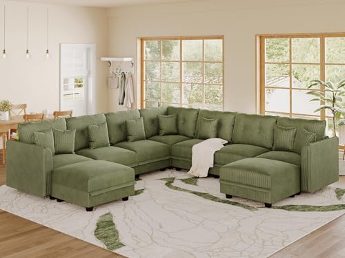 Image of LLappuil Modular Sectional Sofa with Storage, U-Shaped 9-Seat Corduroy Couch with 8 Throw Pillows, Pet-Friendly Convertible Pit Sofa for Living Room, Skin-Friendly & Soft, Green