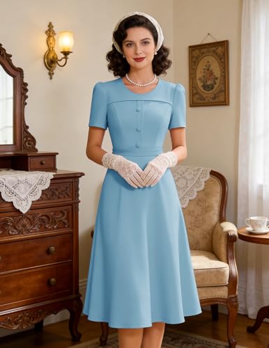 Image of Wedtrend 1950's Vintage Dresses for Women Modest Church Dress with Pockets Short Sleeve Tea Party A-Line Cocktail Dresses