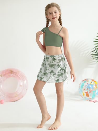 Girls Swimsuits 3 Pcs Bikini Set Ruffle Sleeve Solid Swimwear Tropical Cover Up Skirt Kids Teen Bathing Suit 9-16 Years3