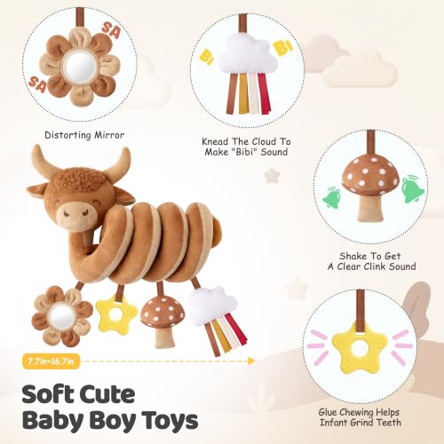 Image of Stuffed Highland Cow Spiral Car Seat Toys for Babies 0-3-6-12 Months, Infant Stroller Toy with Mushroom Pendant & Star Teether Hanging, Cute Baby Registry Search & Shower Gifts for Newborns