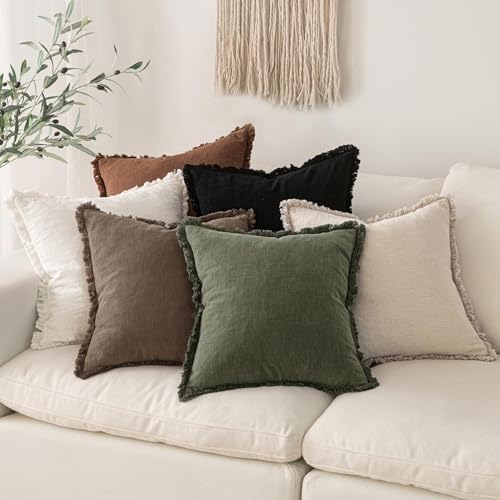 Image of MIULEE Decorative Throw Pillow Covers Neutral Linen Fringe Throw Pillows Euro Shams Set of 2 Cocoa Brown Boho Farmhouse Cushion Covers for Couch Sofa Bed Living Room Fall Home Decor 28x28 Inch