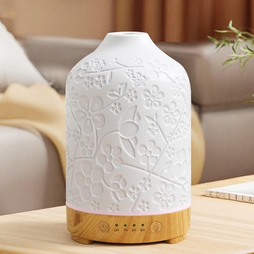 Aromatherapy Essential Oil Diffuser 150ml Ceramic Ultrasonic Aroma Oil Diffuser Humidifier Whisper Quiet Timer Setting 7 LED Colors Changing Lights for Home Office (Cherry Blossom) Flower