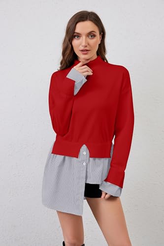 Image of MISSACTIVER Women Slit Turtleneck Patchwork Sweater 2 in 1 Buttons Down Pullover Knit Sweater Asymmetrical Hem Shirt Top