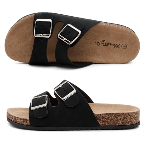 Image of Herstyle Womens Cork Footbed Slides for Women, Double Strap Flat Sandals, Adjustable Buckle Comfort Slip On Shoes, Summer Beach Casual Walking Slippers