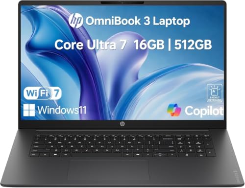 Image of HP OmniBook 3 Business Laptop, 2026 Edition, 17.3 inch FHD IPS Micro-Edge Display, Intel Core Ultra 7, 16GB DDR5 RAM, 512GB PCIe SSD, Backlit Keyboard, Wi-Fi 7, Thin & Lightweight, Windows 11