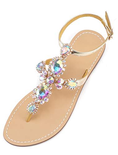 Image of ZhuLinFeng Women'S Rhinestone Gladiator Sandals Flat Wedding Sandals Gem Pearl Sparkling Bridal Bridesmaid Sandals Blue Bohemian Sandals