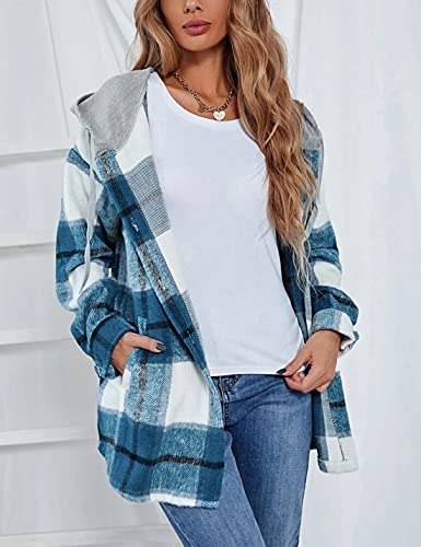 HangNiFang Womens Plaid Flannel Hoodie Shirts Long Sleeve Button Down Jacket Coats4